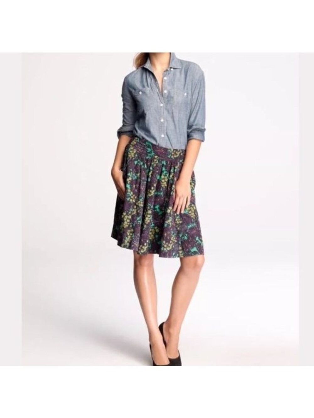 J. CREW 'Elsie Nightfall' Floral Skirt Purple Green Pockets Pleated Sz 2